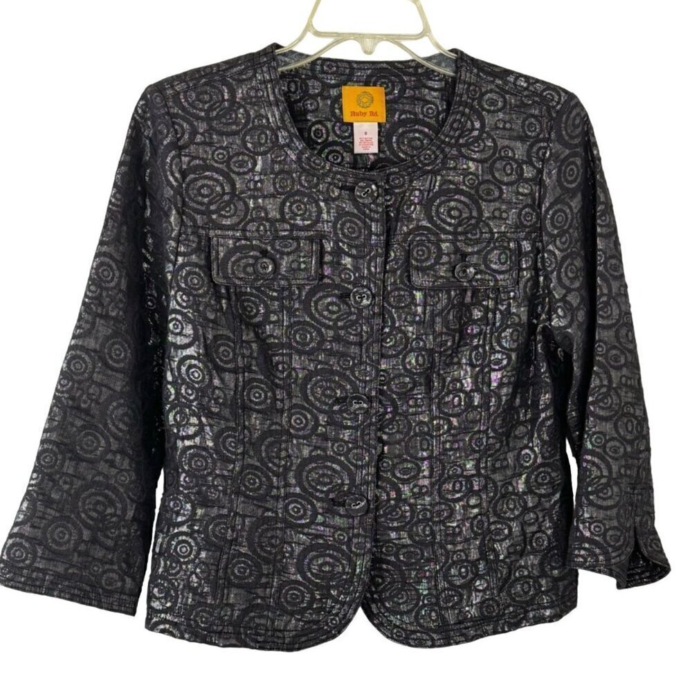 Ruby Rd. Metallic Blazer Jacket Gray Silver 3/4 Sleeve Office Evening Size 8 EUC